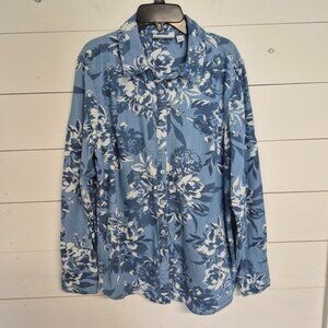 Denim & Co. Womens Floral Button-Up Shirt Long Sleeve Cottage Core Top L